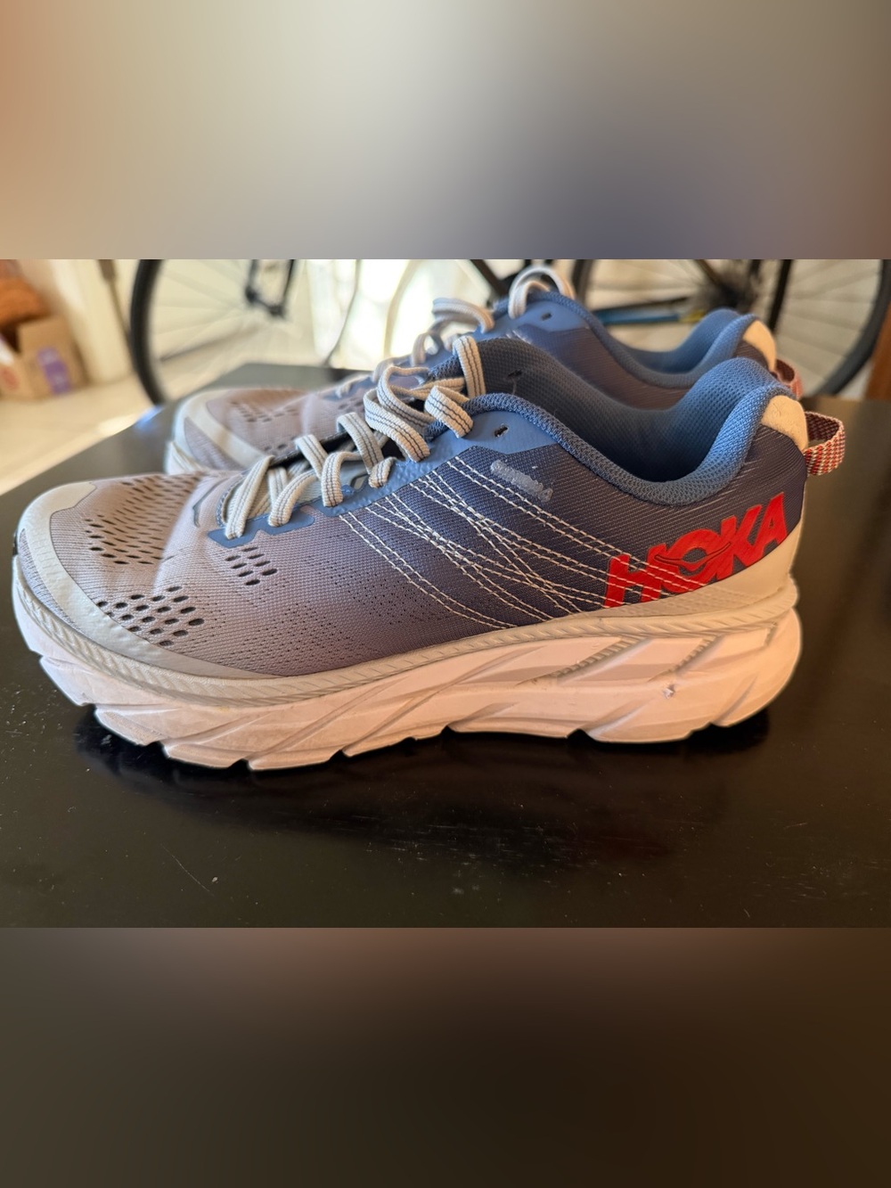 Hoka Blue and White Women's Athletic Running Shoes with Red Logo